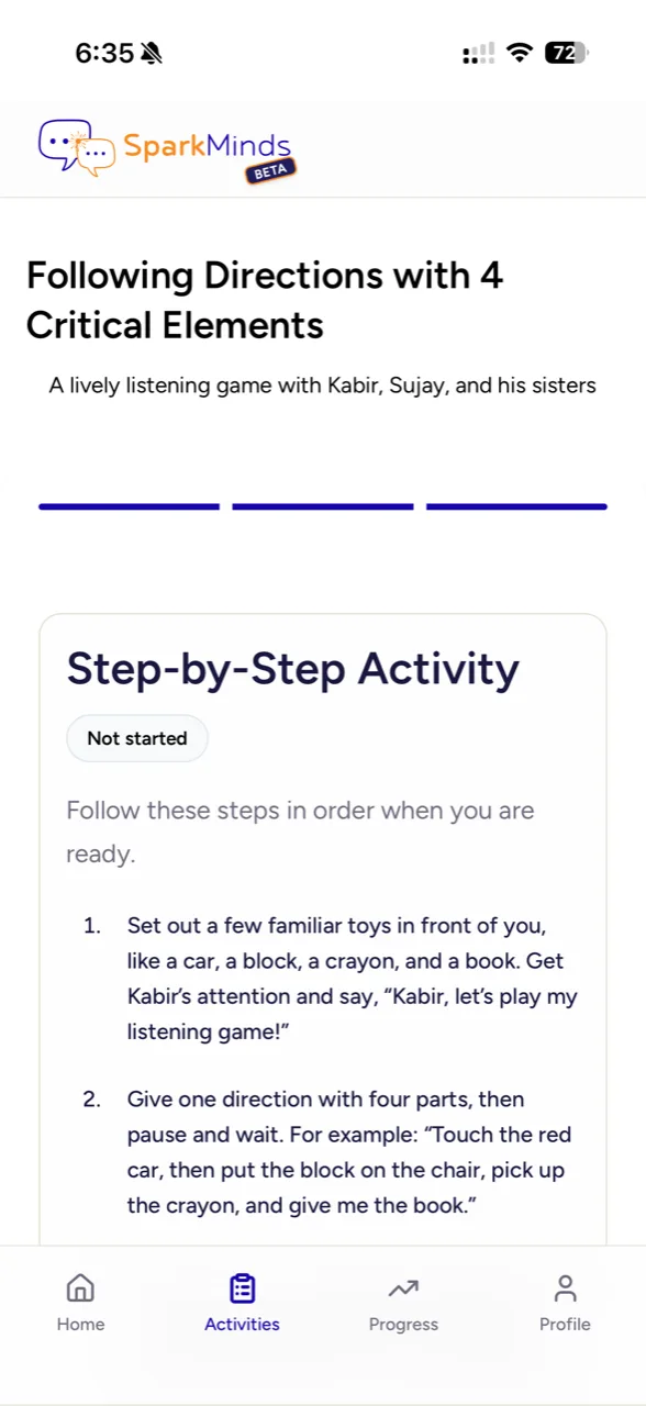 SparkMinds app: step-by-step activity instructions